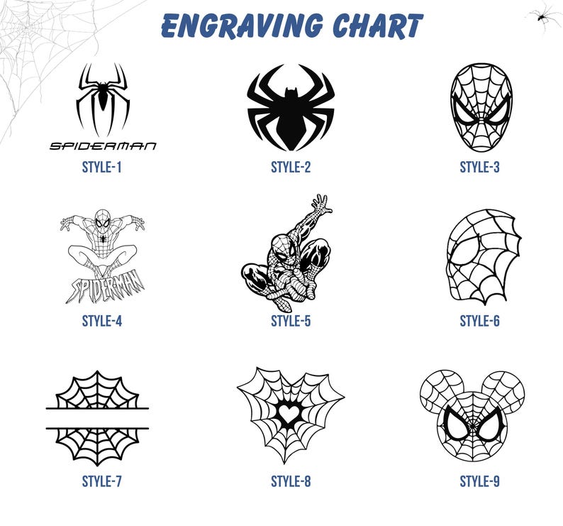May include: An engraving chart displaying nine Spider-Man-themed designs. The designs include spider logos, a Spider-Man mask, and illustrations of the superhero. The text "ENGRAVING CHART" is at the top.