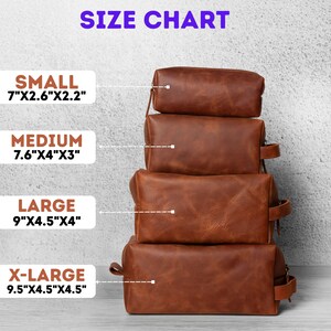 May include: Four brown leather wash bags of varying sizes are stacked, with the text "SIZE CHART" at the top. Sizes are: Small (17.8cm x 6.6cm x 5.6cm), Medium (19.3cm x 10.2cm x 7.6cm), Large (22.9cm x 11.4cm x 10.2cm), and X-Large (24.1cm x 11.4cm x 11.4cm).