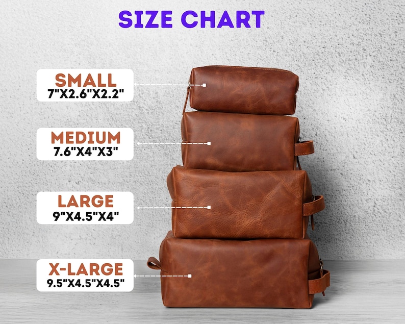 May include: Four brown leather wash bags of varying sizes are stacked, with the text "SIZE CHART" at the top. Sizes are: Small (17.8cm x 6.6cm x 5.6cm), Medium (19.3cm x 10.2cm x 7.6cm), Large (22.9cm x 11.4cm x 10.2cm), and X-Large (24.1cm x 11.4cm x 11.4cm).