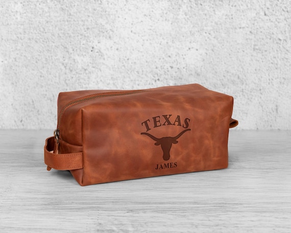 Texas Longhorns Gift, Texas Football Dopp Kit, Sports Fan Gifts, Engraved Leather Dopp Kit, Toiletry Bag for Men, Sports Team Travel Bag