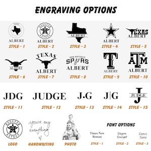K&ouml;nnte beinhalten: Bild mit verschiedenen Gravuroptionen, darunter Logos, Text und Schriftarten. Designs zeigen Texas-Elemente, Initialen und den Text "You're my everything". Schriftarten sind Times New Roman, Segoe Script und Comic Sans.