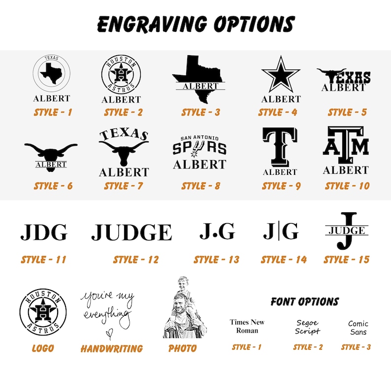 K&ouml;nnte beinhalten: Bild mit verschiedenen Gravuroptionen, darunter Logos, Text und Schriftarten. Designs zeigen Texas-Elemente, Initialen und den Text "You're my everything". Schriftarten sind Times New Roman, Segoe Script und Comic Sans.
