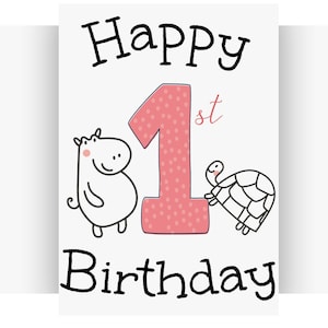 Cartão de primeiro aniversário para impressão Cartão de primeiro aniversário para uma menina, neta, sobrinha, afilhada, bebê menina download instantâneo digital