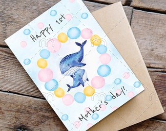 Printable Happy First Mother's Day Card Downloadable Mothers day card for mom for mum Cute Baby animals card Whales mom and baby card love