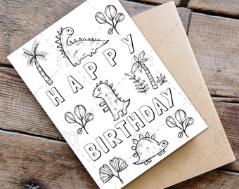 Printable Happy Birthday Dinosaurs Coloring Card Birthday card for little boy Kids Color Your Own Birthday Card Print & Color Yourself card