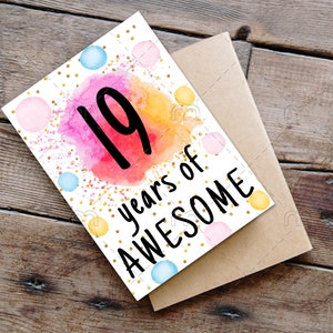 Biglietto d'auguri per il 19esimo compleanno STAMPABILE, download immediato stampabile, biglietto d'auguri per 19 anni, fantastico e allegro biglietto per il 19esimo compleanno digitale