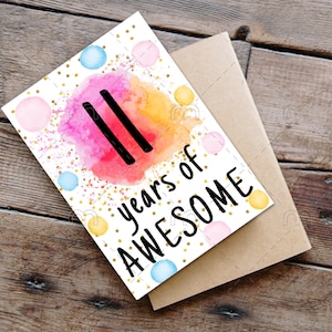 Tarjeta de cumpleaños número 11 para imprimir, tarjeta de cumpleaños para imprimir, descarga instantánea, tarjeta de cumpleaños, 11 años de increíble y alegre tarjeta de cumpleaños número 11 digital