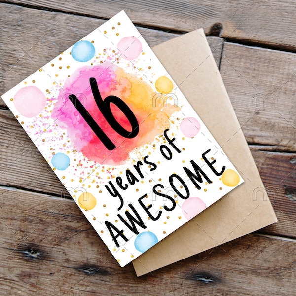 PRINTABLE 16th birthday card birthday card printable instant download birthday card 16 years of awesome cheerful 16th birthday card digital