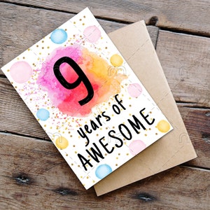 IMPRIMIBLE 9a tarjeta de cumpleaños tarjeta de cumpleaños imprimible descarga instantánea tarjeta de cumpleaños 9 años de impresionante alegre 9a tarjeta de cumpleaños digital
