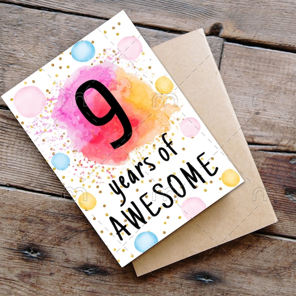 PRINTABLE 9th birthday card birthday card printable instant download birthday card 9 years of awesome cheerful 9th birthday card digital