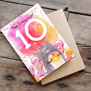 Carte d’anniversaire imprimable télécharger carte d’anniversaire de ballons de chat joyeux anniversaire carte d’anniversaire imprimable numérique pour les filles 10e anniversaire 10 ans