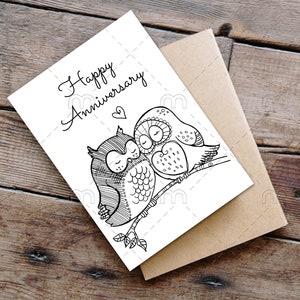 Tarjeta de aniversario para imprimir Tarjeta de aniversario para colorear Tarjeta descargable para padres Colorea tu propia tarjeta DIY Imprime y colorea tú mismo Búhos
