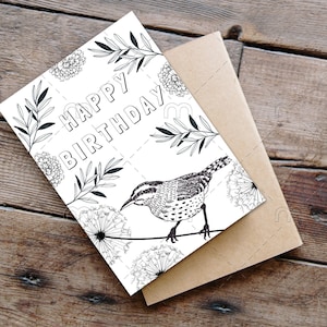 Imprimable joyeux anniversaire oiseau coloriage carte anniversaire fleurs nature botanique couleur votre propre carte d'anniversaire imprimer et colorier vous-même carte
