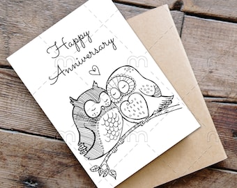 Printable Anniversary Card Coloring Anniversary Card Downloadable card for parents Color Your Own Card DIY Print and Color yourself Owls