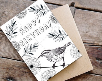 Printable Happy Birthday Bird Coloring Card Birthday card flowers nature botanical Color Your Own Birthday Card Print & Color Yourself card