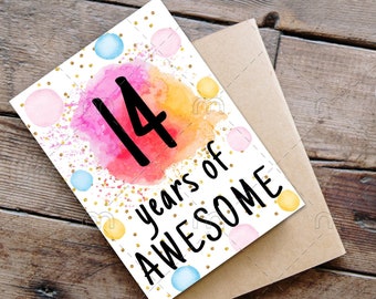 PRINTABLE 14th birthday card birthday card printable instant download birthday card 14 years of awesome cheerful 14th birthday card digital