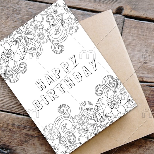 Happy Birthday Coloring Card Floral Printable Digital - Etsy