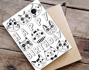 Printable Happy Birthday Cats Coloring Card Birthday card for boy for girl Kids Color Your Own Birthday Card Print & Color Yourself card