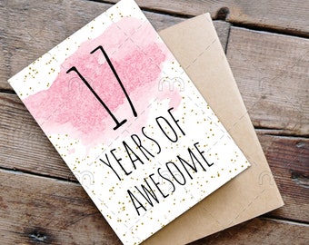PRINTABLE 17th birthday card, birthday card printable, instant download birthday card, 17 years of awesome, funny 17th birthday card digital