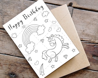 Printable Happy Birthday Coloring Card for girls Unicorn Birthday card Color Your Own Birthday Card Print & Color Yourself card for girls