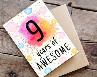 PRINTABLE 9th birthday card birthday card printable instant download birthday card 9 years of awesome cheerful 9th birthday card digital