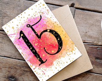 PRINTABLE 15th birthday card birthday card printable instant download birthday card 15 birthday card digital gold confetti Anniversary Card