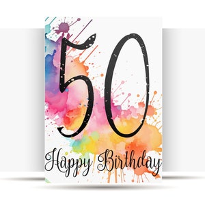 AFDRUKBARE 50e verjaardagskaart verjaardagskaart afdrukbare instant download verjaardagskaart 50 jaar vrolijke 50e verjaardagskaart digitale aquarel