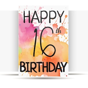 PRINTABLE 16th birthday card printable instant download birthday card 16 birthday card digital watercolor Card simple numbers birthday cards