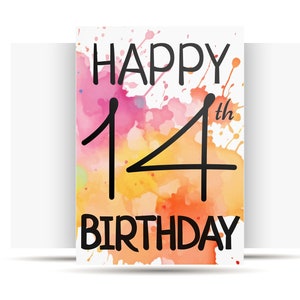 IMPRIMABLE 14e carte d'anniversaire imprimable en téléchargement immédiat carte d'anniversaire 14 carte d'anniversaire carte aquarelle numérique numéros simples cartes d'anniversaire