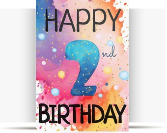 Cartão de aniversário de 2º aniversário para impressão, download instantâneo, cartão de aniversário, cartão de 2º aniversário, cartões digitais para criança de 2 anos, menino e menina