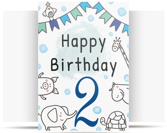 May include: A white card with a blue watercolor background and the text "Happy Birthday 2". The card is decorated with a variety of animal illustrations, including a bird, a giraffe, a pig, an elephant, and a turtle.