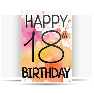 Carte d'anniversaire imprimable pour 18 ans, carte d'anniversaire imprimable en téléchargement immédiat, carte d'anniversaire de 18 ans, carte aquarelle numérique