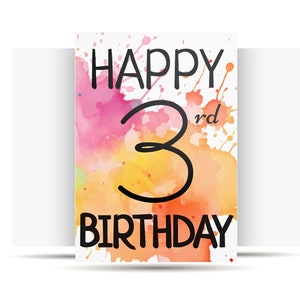 3. Geburtstag Geburtstagskarte druckbar Geburtstagskarte 3 Geburtstagskarte digitale Aquarell Karte einfache Zahlen Geburtstagskarten