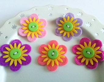 Felt Flowers, Felt Appliques, Felt and Button Embellishments, Hair Clip Flowers, Wedding Flowers, Flower Applique - Set of 6