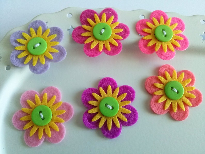 Felt Flowers, Felt Appliques, Felt and Button Embellishments, Hair Clip Flowers, Wedding Flowers, Flower Applique Set of 6 image 5