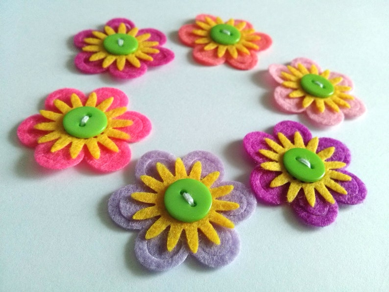 Felt Flowers, Felt Appliques, Felt and Button Embellishments, Hair Clip Flowers, Wedding Flowers, Flower Applique Set of 6 image 8