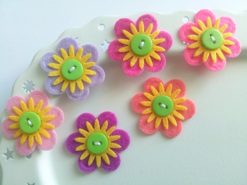 Felt Flowers, Felt Appliques, Felt and Button Embellishments, Hair Clip Flowers, Wedding Flowers, Flower Applique Set of 6 image 4