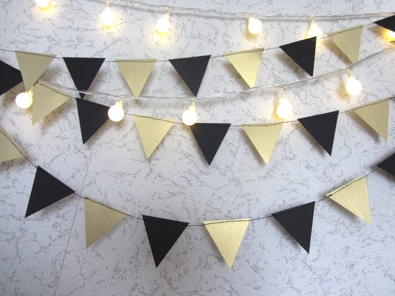 Wedding Engagement Birthday Wall Decor Gold Black paper garland triangles garland black and gold Gold Black Flag Garland