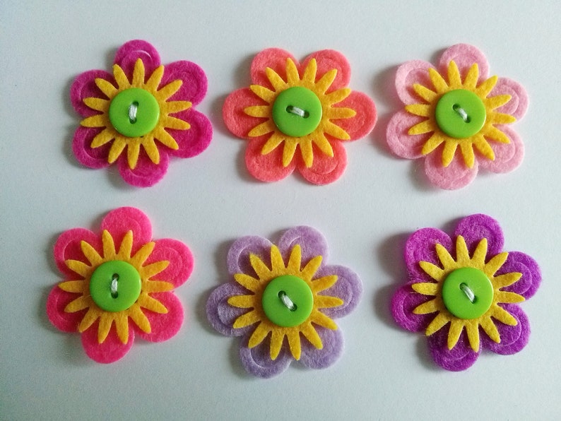 Felt Flowers, Felt Appliques, Felt and Button Embellishments, Hair Clip Flowers, Wedding Flowers, Flower Applique Set of 6 image 6