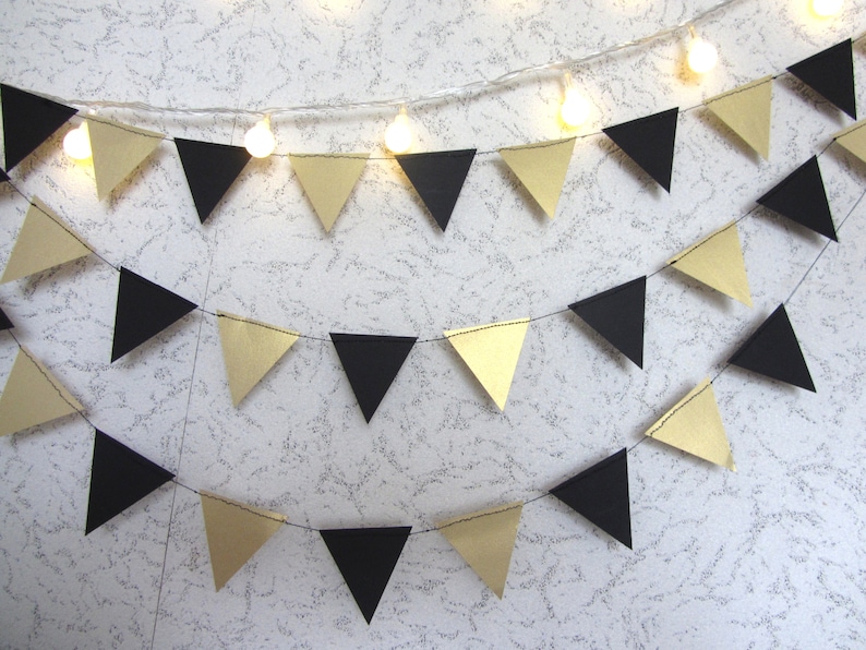 Wedding Engagement Birthday Wall Decor Gold Black paper garland triangles garland black and gold Gold Black Flag Garland