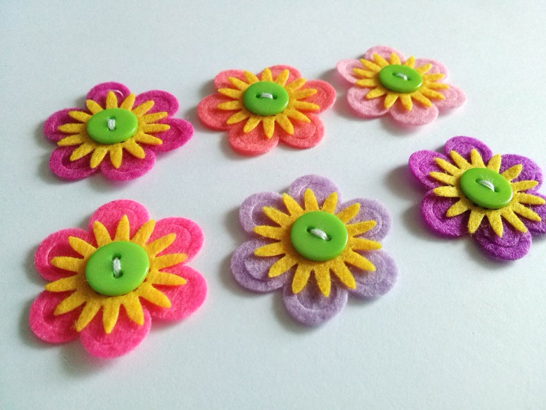 Felt Flowers, Felt Appliques, Felt and Button Embellishments, Hair Clip Flowers, Wedding Flowers, Flower Applique Set of 6 image 7