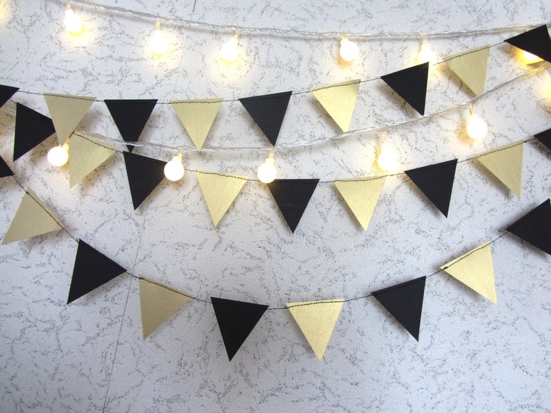 Wedding Engagement Birthday Wall Decor Gold Black paper garland triangles garland black and gold Gold Black Flag Garland