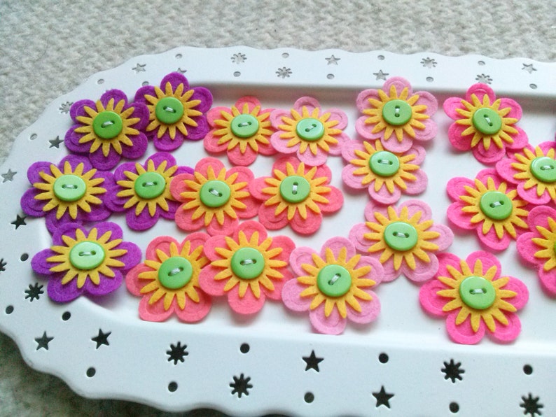 Felt Flowers, Felt Appliques, Felt and Button Embellishments, Hair Clip Flowers, Wedding Flowers, Flower Applique Set of 6 image 2