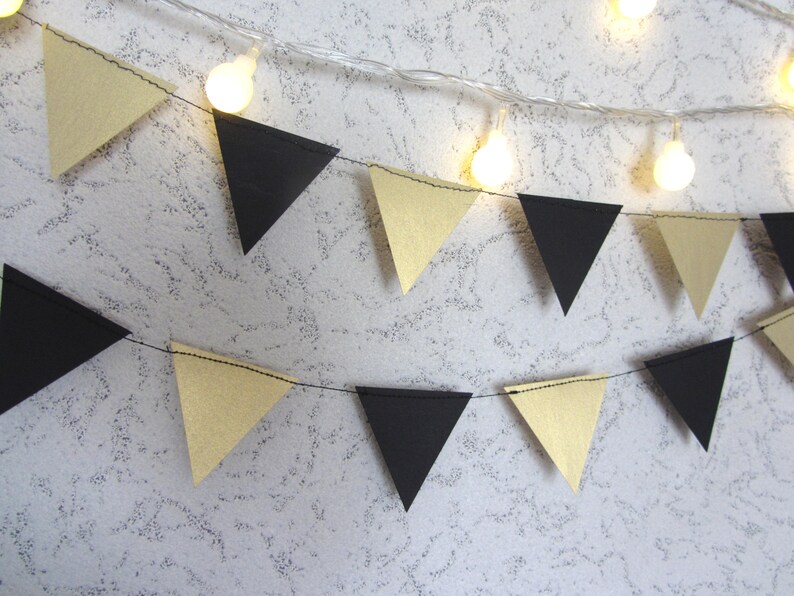 Wedding Engagement Birthday Wall Decor Gold Black paper garland triangles garland black and gold Gold Black Flag Garland