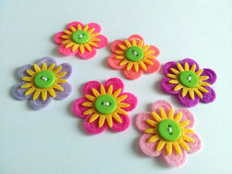 Felt Flowers, Felt Appliques, Felt and Button Embellishments, Hair Clip Flowers, Wedding Flowers, Flower Applique Set of 6 image 9