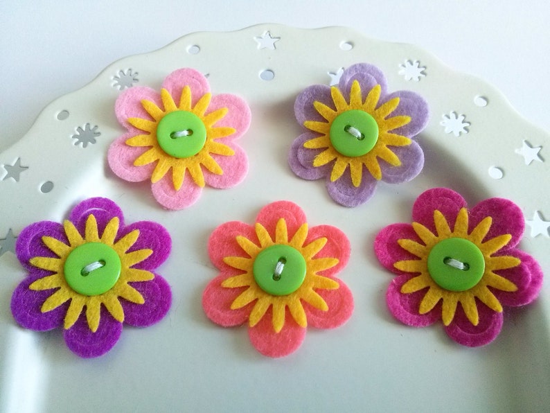 Felt Flowers, Felt Appliques, Felt and Button Embellishments, Hair Clip Flowers, Wedding Flowers, Flower Applique Set of 6 image 1