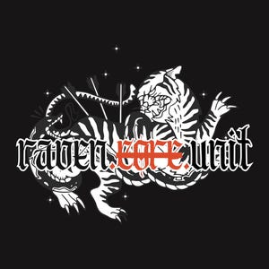 May include: Black graphic design featuring a tiger illustration with white stripes and a snarling expression. The text "Raven Core Unit" is displayed in a gothic font, with "Core" in orange. The design includes arrows and stars.