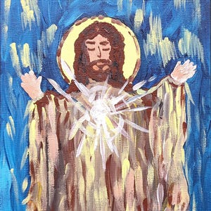 Può includere: Dipinto acrilico raffigurante una figura con aureola gialla e capelli castani, che indossa una veste marrone e beige. Una luce bianca brillante emana dal suo petto. Lo sfondo è blu strutturato con pennellate gialle.