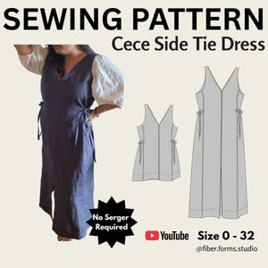 May include: A navy blue Cece Side Tie Dress, with a V-neck and side ties, is shown in a photo. The image also includes a dress pattern and the text "SEWING PATTERN" and "Size 0-32". The dress is modeled with a white blouse.