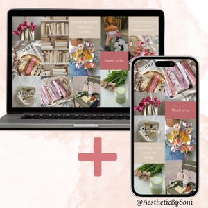 Könnte beinhalten: Eine Collage aus Bildern mit Blumen, Büchern, Kaffee und Textüberlagerungen. Der Text beinhaltet "Everything I want, wants me MORE", "Meant to be" und "@AestheticBySoni".